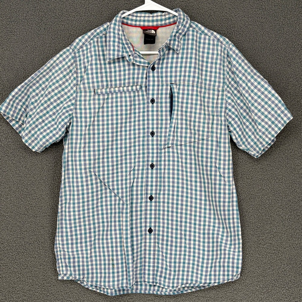 The North Face Mens Blue Green Plaid Short Sleeve Button Down Shirt Medium